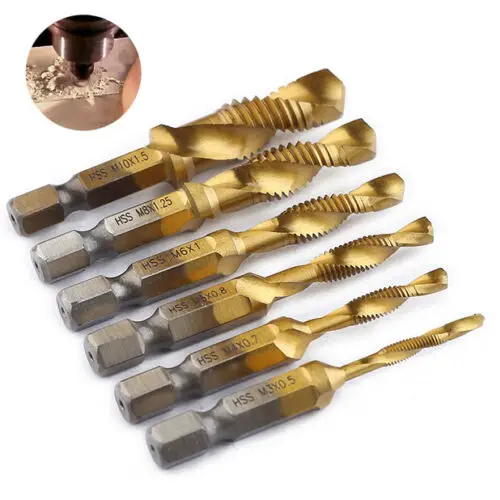 

Golden Hex Shank High Speed Steel Screw Tap Drill Bits Cutting Hole M3-M10 6pcs