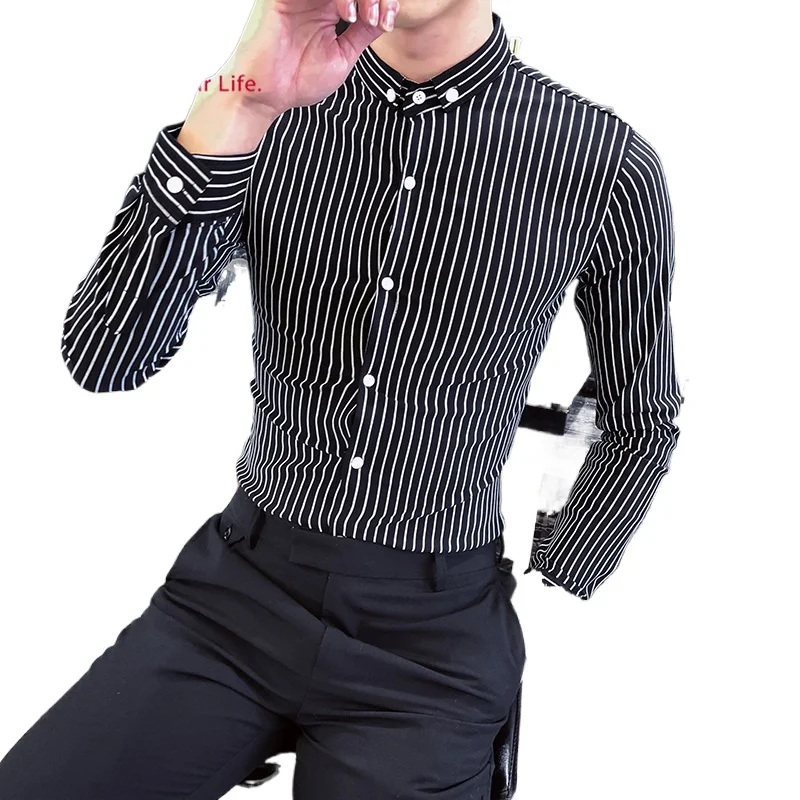 

Loldeal Long Sleeve Shirt Men Striped Batik Slim Casual Hotel Style