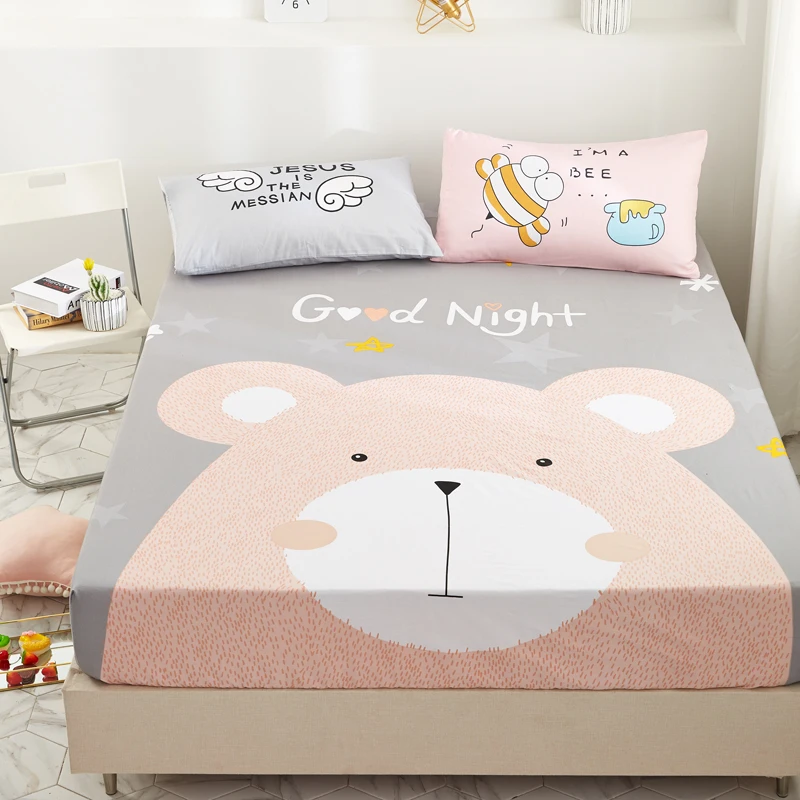 Liv-Esthete Cartoon Bear 100% Cotton Fitted Sheet Star Mattress Cover Bed Linen On Elastic Band Queen King For Adult | Дом и сад