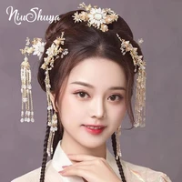 niushuya retro chinese headdress tranditional wedding headpiece hairpins set brides costoume hair accessories floral hair jewelr