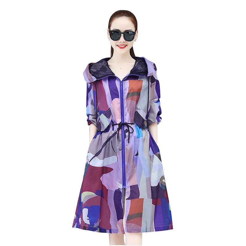 

Summer Hooded Long Sunscreen Coat Women Loose Full Sleeve Camouflage Jacket Women 2021 Pink Elegant Zipper Coats Female LD1822