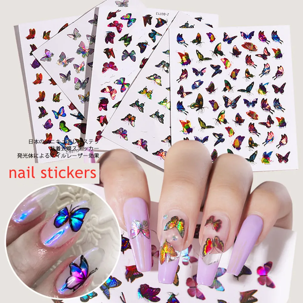 

5 Sheet Laser Color Butterfly Nail Art Stickers Holographic 3d Gradient Butterflies Adhesive Nail Decals Diy Manicure Decoration