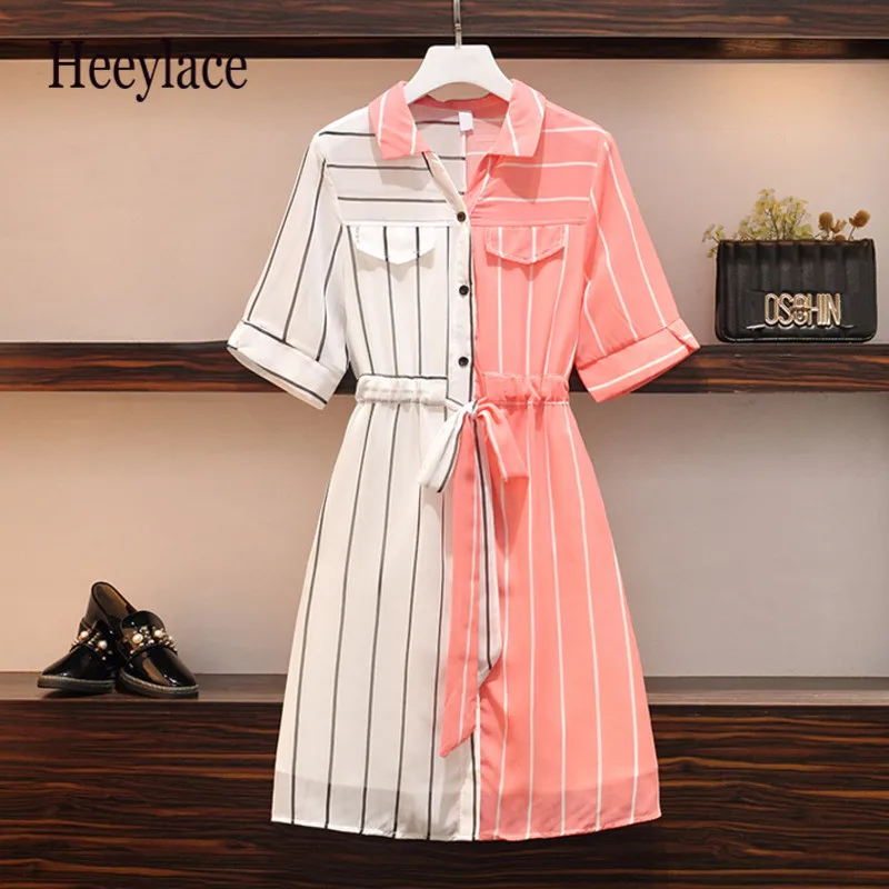 

Plus Size Women Elegant Chiffon Shirt Dresses Summer 2021 Short Sleeve Patchwork Loose Casual Ladies Striped Dress Blue vestidos