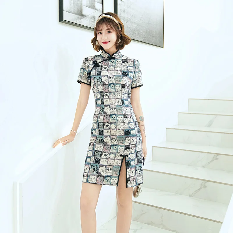 

Novelty Sexy Mini Oriental Dress Prom Short Printed Cat Mini Chinese Style Vintage Button Cheongsam Mandarin Collar Vestidos