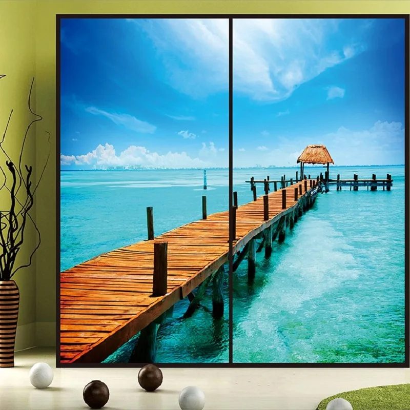 

Витражная оконная крышка по индивидуальному размеру, статическое клеящееся многоразовое синее солнечное небо, морской город, декоративное...