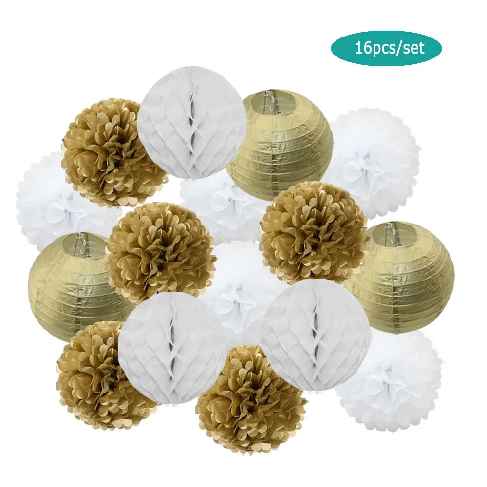 Набор золотистых и розовых круглых бумажных шариков-фонариков сделай сам помпон