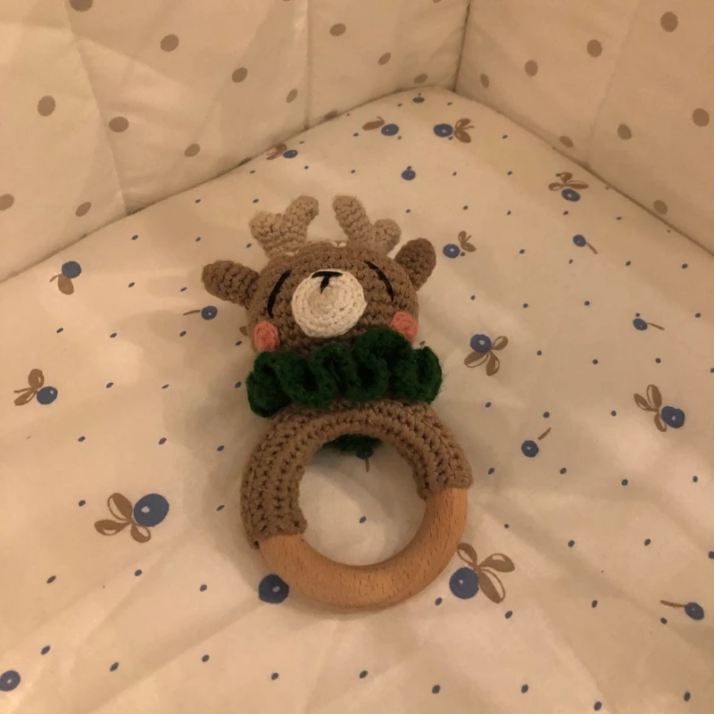 

BPA Free Crochet Wooden Ring Baby Teether Animal Rattle Chewing Teething Toy