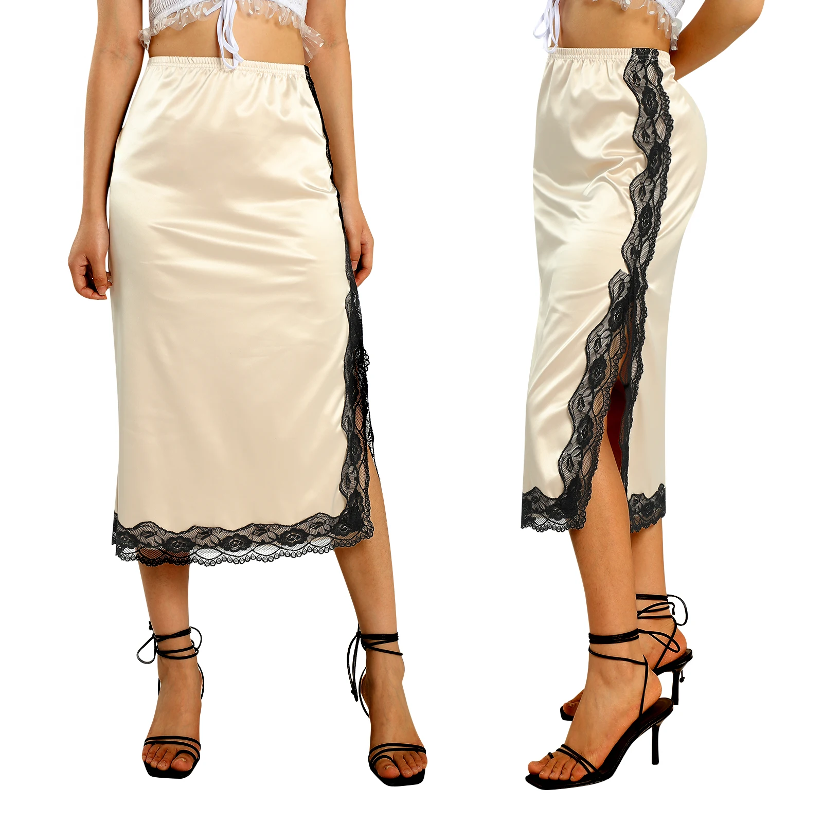 

2021 Summer Female Split Skirt, Adults Lace Trim High Waist Package Hip Midi Skirt for Summer, Nude, S/M/L
