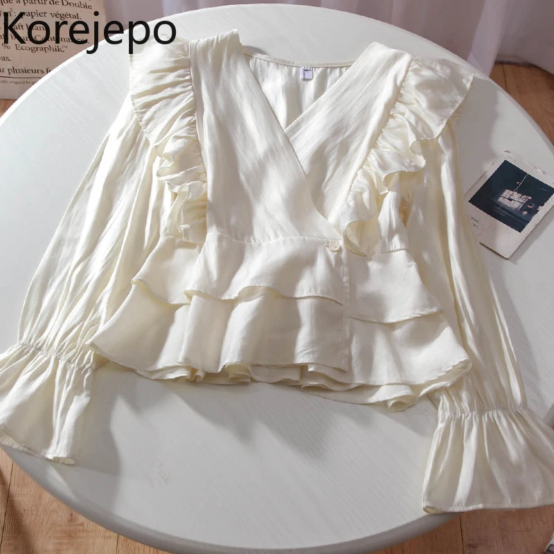 

Korejepo V-neck Ruffle Edge Long Sleeve Top Women's 2021 Autumn Apricot Pullover Trumpet Sleeve Aging Temperament Shirt Fashion