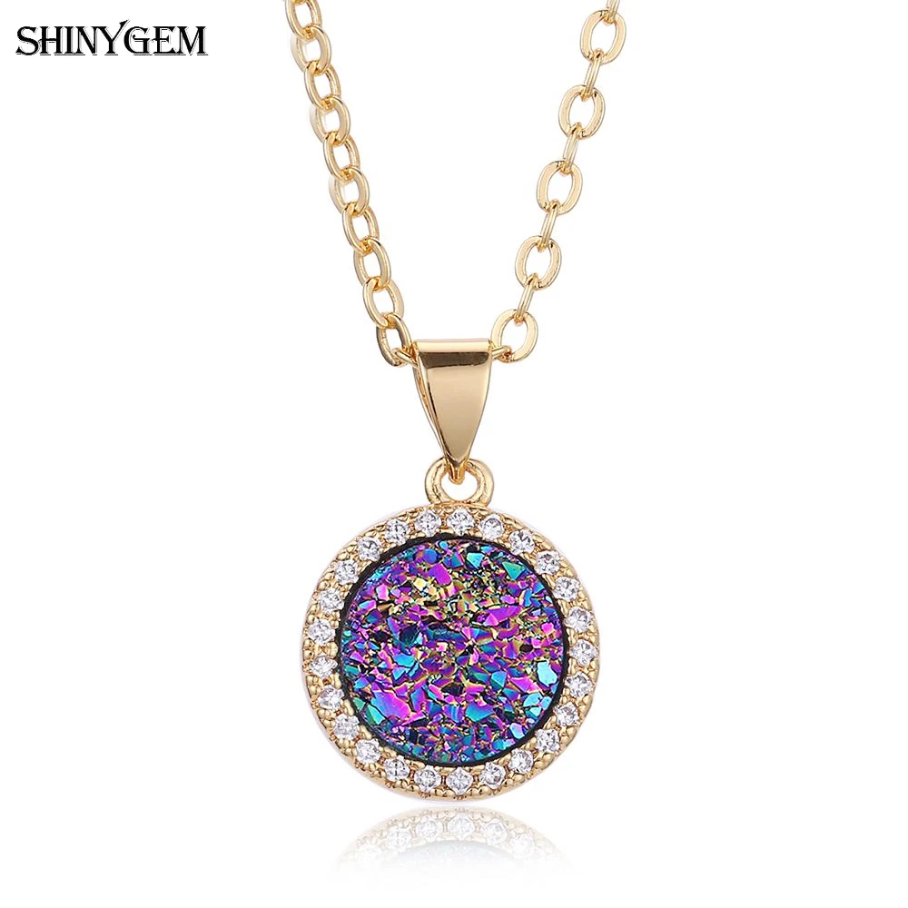 

ShinyGem 2020 Fashion Glittering Natural Rainbow Round Druzy Crystal Stone Pendant Necklaces Gold Plating Party For Women Gift