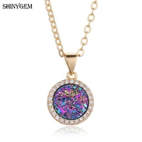 shinygem 2020 fashion glittering natural rainbow round druzy crystal stone pendant necklaces gold plating party for women gift