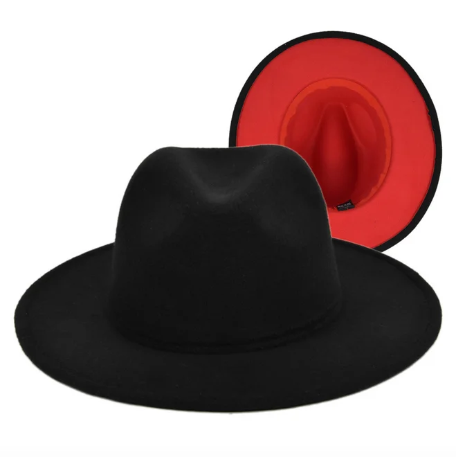 

Women Large Brim Panama Party Trilby Cowboy Cap Unisex Black Red Patchwork Double-sided Woolen Wide Hat Felt Jazz Fedora Hats