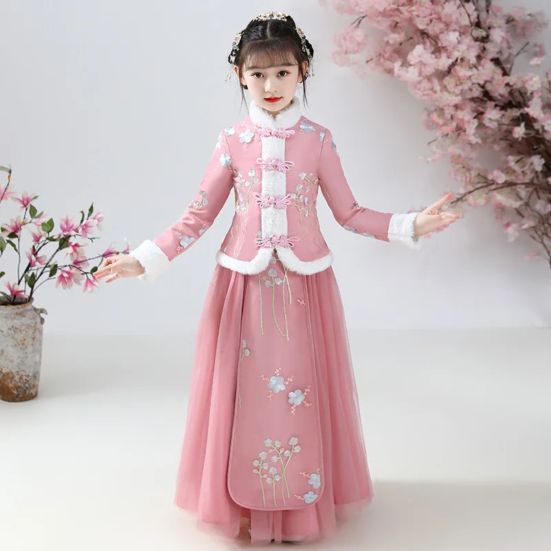 Winter Kids Chinese Traditional Lovely Embroidery Ancient Hanfu Children New Year Outfits Thick And Quilted Tang Suit