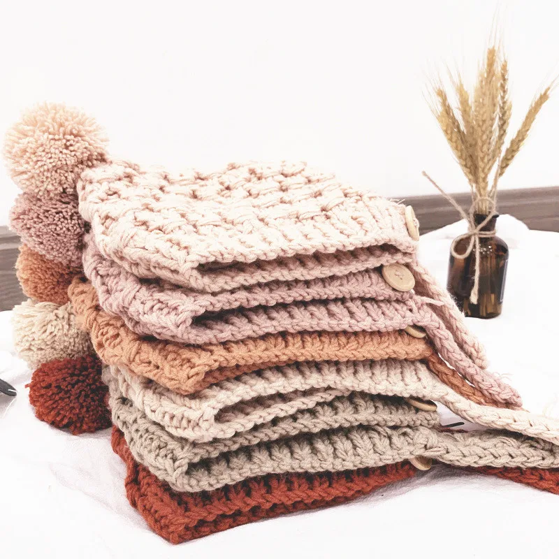 

Newborn Baby Kids Girls Boys Warm Knit Hat Furry Balls Pompom Warm Cotton Beanies Caps Infant Winter Warm Beanies Hat