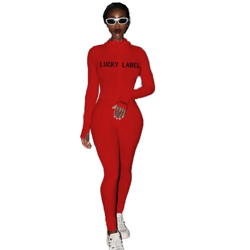 

letter zipper station European and American sports Jumpsuit women's high collar thread embroidery