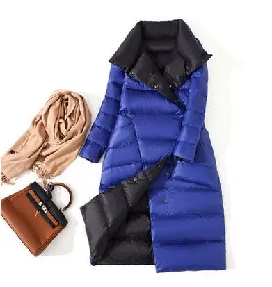 blue Женский Двухсторонний пуховик, длинная куртка, зимнее ультра легкое пуховое пальто, двубортное женское пуховое пальто, зимняя верхняя одежда - Цвет: blue