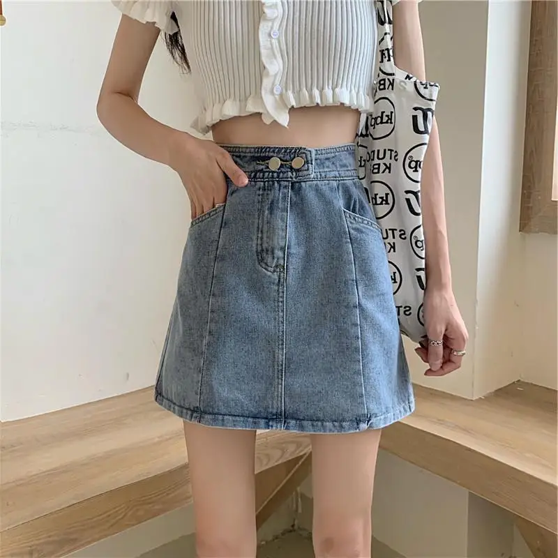 

Hzirip Summer Chic Fashion All-Match Solid Color 2021 Ladies Hot New Gentle Elegant Blue High Waist A-Line Thin Women Skirt