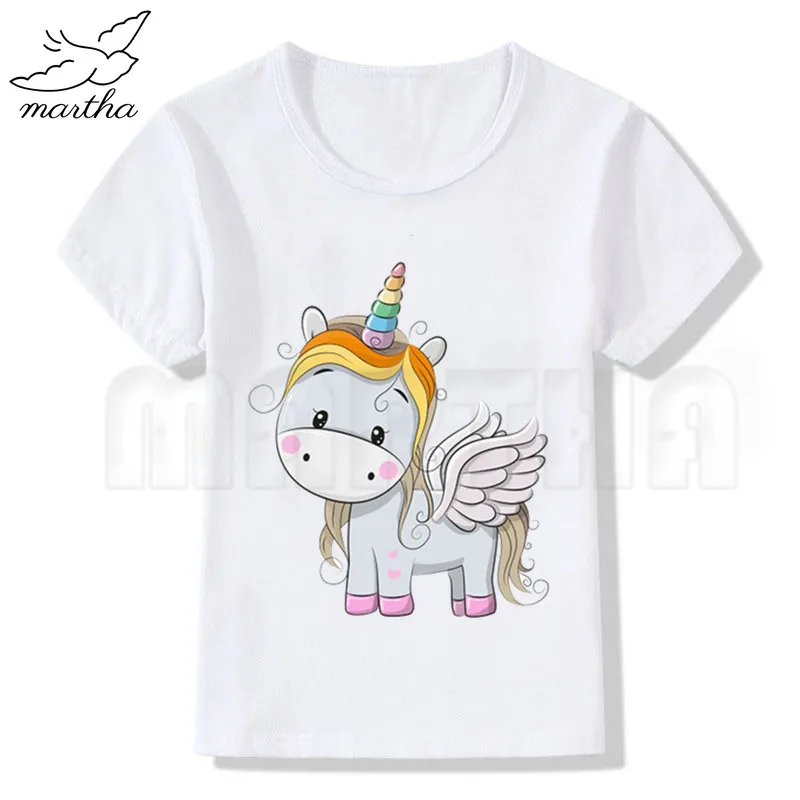 Милая детская белая футболка с изображением единорога одежда короткими рукавами