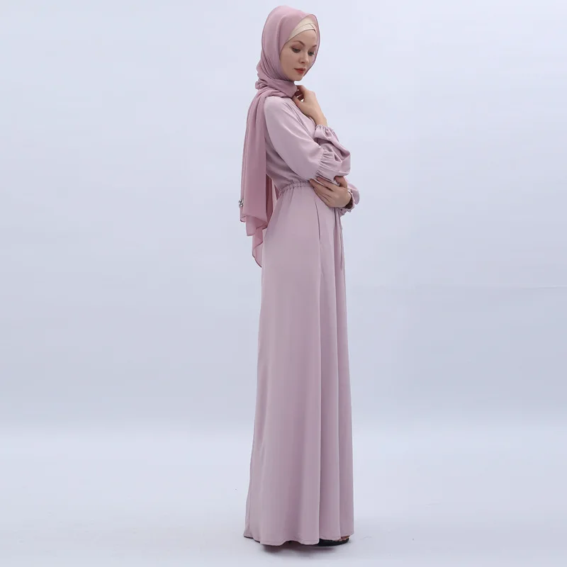 2022 New Solid Color Lantern Sleeves Elastic Cuffs Women'S Dress Muslimah Long Dress Student Dress