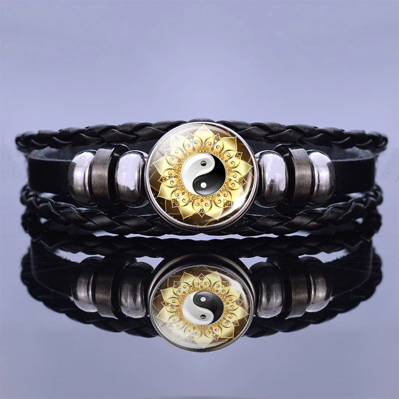 

Leather Bracelets Yin Yang Tai Chi Rope Black Braided Woven Button Glass Cabochon Jewelry Bracelet Christmas present