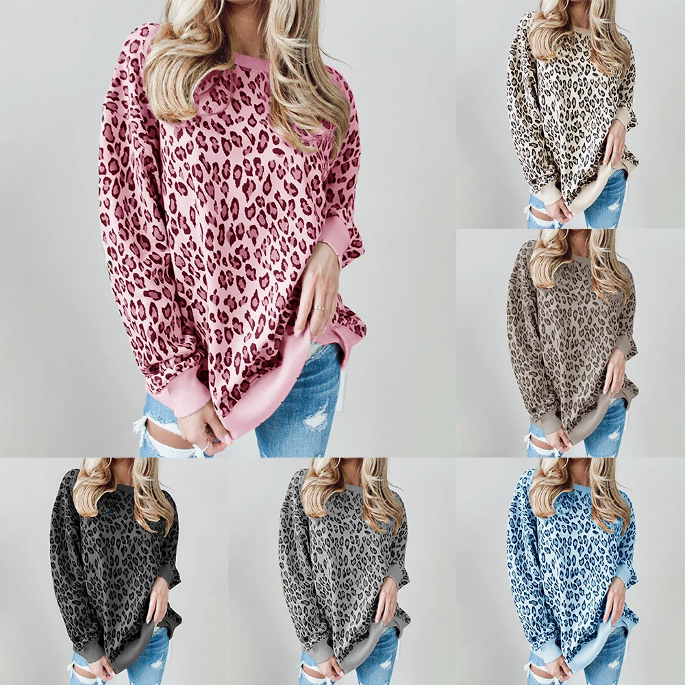 XXL Plus Size Women's Leopard Print O-Neck Long Sleeve Winter T-Shirt Oversize Casual Tops Loose Fit Comfort Female T-Shirts D30 | Женская