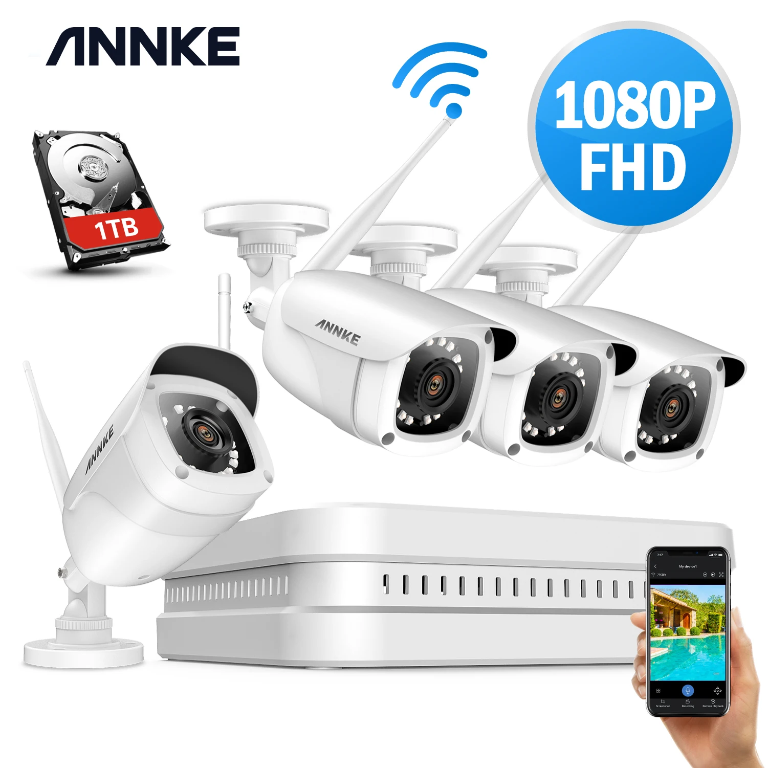 Камера видеонаблюдения ANNKE 8 каналов 1080P FHD Wi Fi H.264 + NVR IP камера HD ночное видение 100