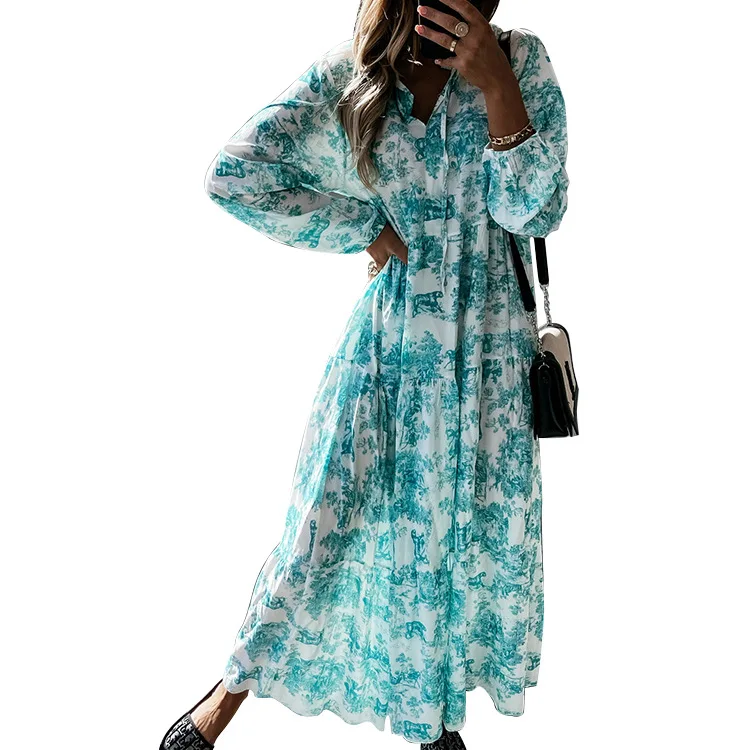 

In 2021, cross-border Europe and America Amazon AliExpress autumn printed collar loose ruffled mid-length dress