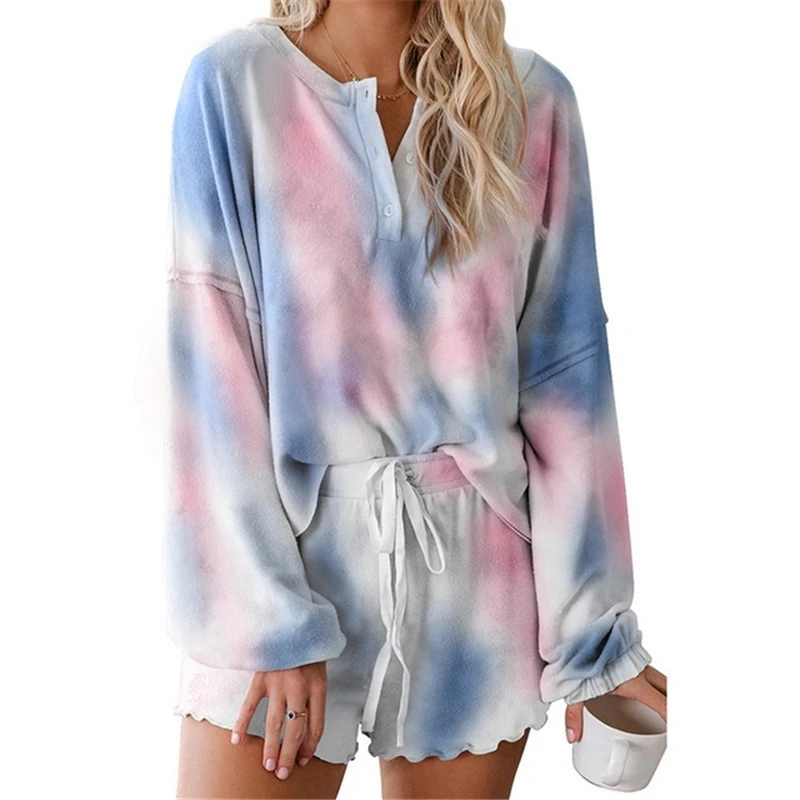 

Tie Dye Two Piece Set Women Pajamas Suit Ruffle Hem Long Sleeve Top and Shorts Suits Lounge Wear Casual Women's Sets Sleepwear