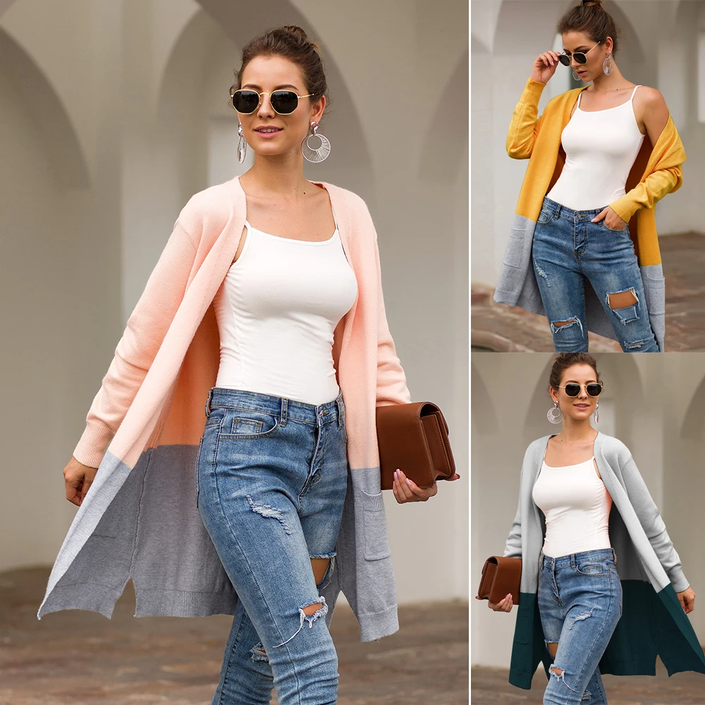 

Ladies Autumn/winter Sweater New Color Matching Jacket Comfortable Loose Cardigan Mid-length Sweater