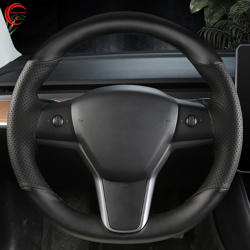 

Рука сшитый черный кожаный чехол рулевого колеса автомобиля для Tesla модель 3 S X A8