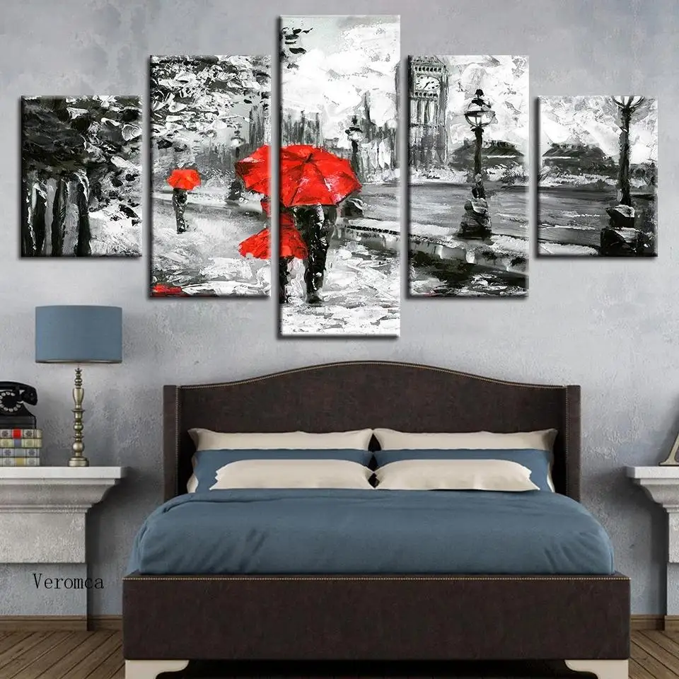 

5 Pieces Canvas Painting Red Umbrella Lover Poster Wall Art Print London Street Rain View Pictures Living Room Retro Home Decor