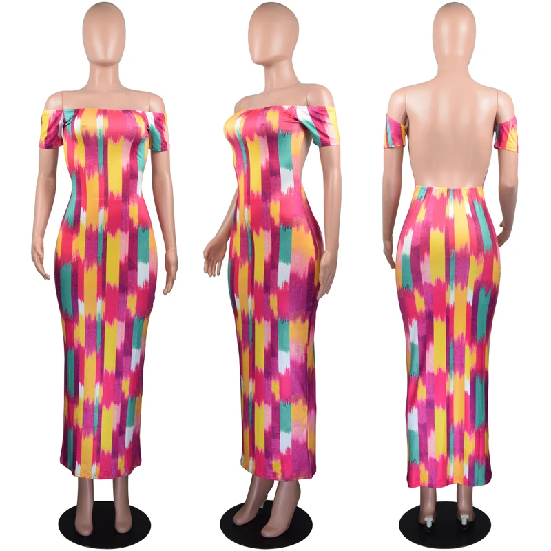 

Fashion Rainbow Striped Backless Collar Sexy Dress Casual Sleeveless Two Colors Women Dress 2019 Summer Party Dresses