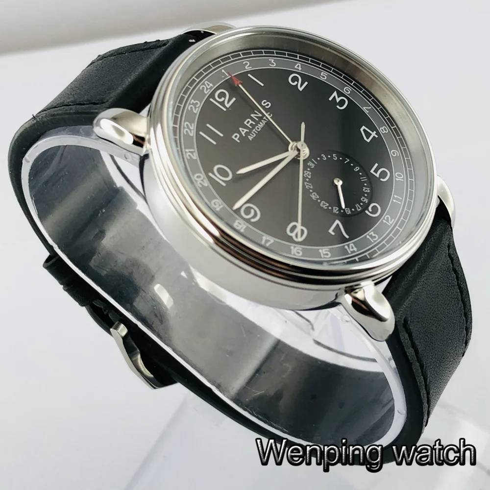 Новинка Parnis 42 мм GMT серебристый циферблат черный Арабская марка Дата Окно кожаный