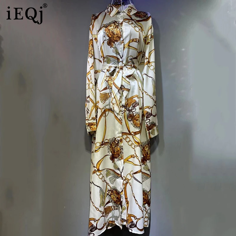 

IEQJ Women Dress New Lapel Collar Long Sleeve Loose Panelled Print Square Collar Belt Single Breasted Vintage Autumn 2021 8P719