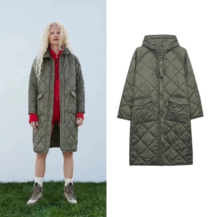 

Temperament Commuter Light Cooked Wind Stand Collar Hooded Diamond Embossed Cotton Clothes Women's Loose Thin Pocket Jacket