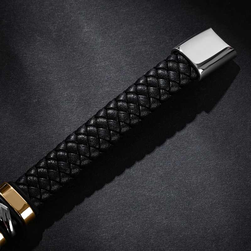 Мужской браслет плетеный из натуральной кожи нержавеющей стали модный панк