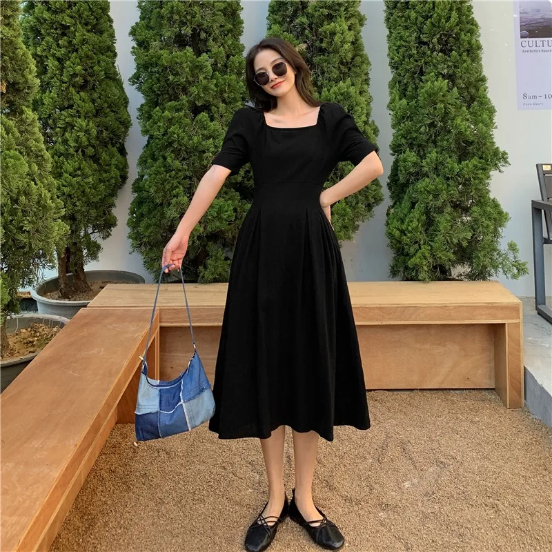 

Korean Square Collar Dress Women 2021 New Slim Waist Temperament Thin Solid Collar Short Sleeve French Dresses Women A-Line