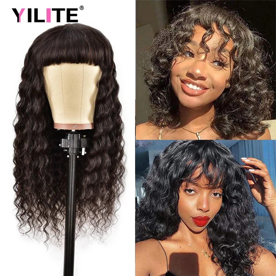 

Water Wave Bralizian Human Hair Wigs With Bangs Full Machine Made Cheap 8-30 Inches Water Curly Remy Hair Fringe Wig For Women