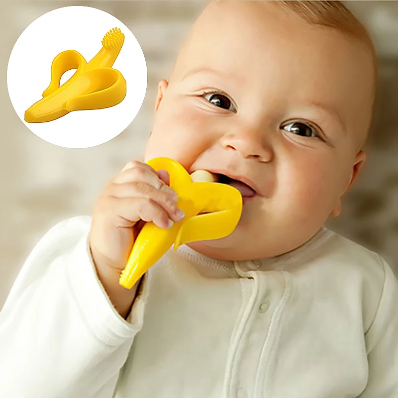 Baby Silicone Training Toothbrush BPA Free Banana Shape Safe Toddle Teether Chew Toys Teething Ring Gift For Infant Baby Chewing