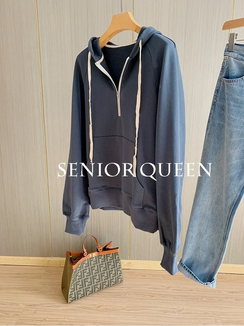 

Urban Casual Hooded Sweater Women 2021 New Half Zipper Loose Long-sleeved Top Sweatshirt Women