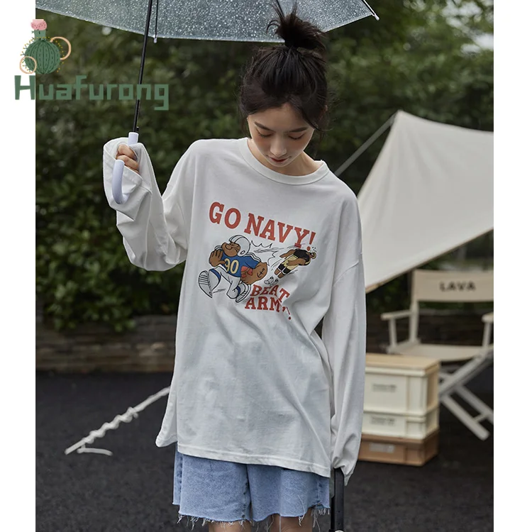 

Autumn New Style 2021 Printed Loose Sunscreen Primer Top Female Korean Style Long-sleeved Round Neck White t-shirt Trendy