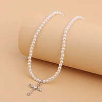 micro inlay zircon cross pendant sautoir handmade beaded pearl necklace chain of clavicle new necklace 2021