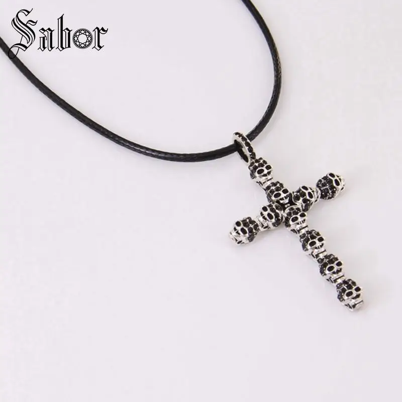 Подвеска в виде креста из циркона с полным черепом и ожерелье искусственной кожи