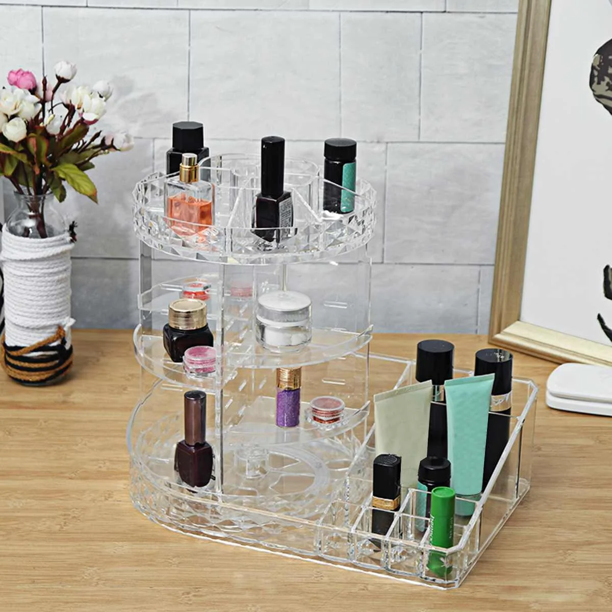

2-in-1 360 Degree Rotating Transparent Acrylic Cosmetic Storage Box Rack Shelf Holder Detachable Girl Makeup Beauty Organizer