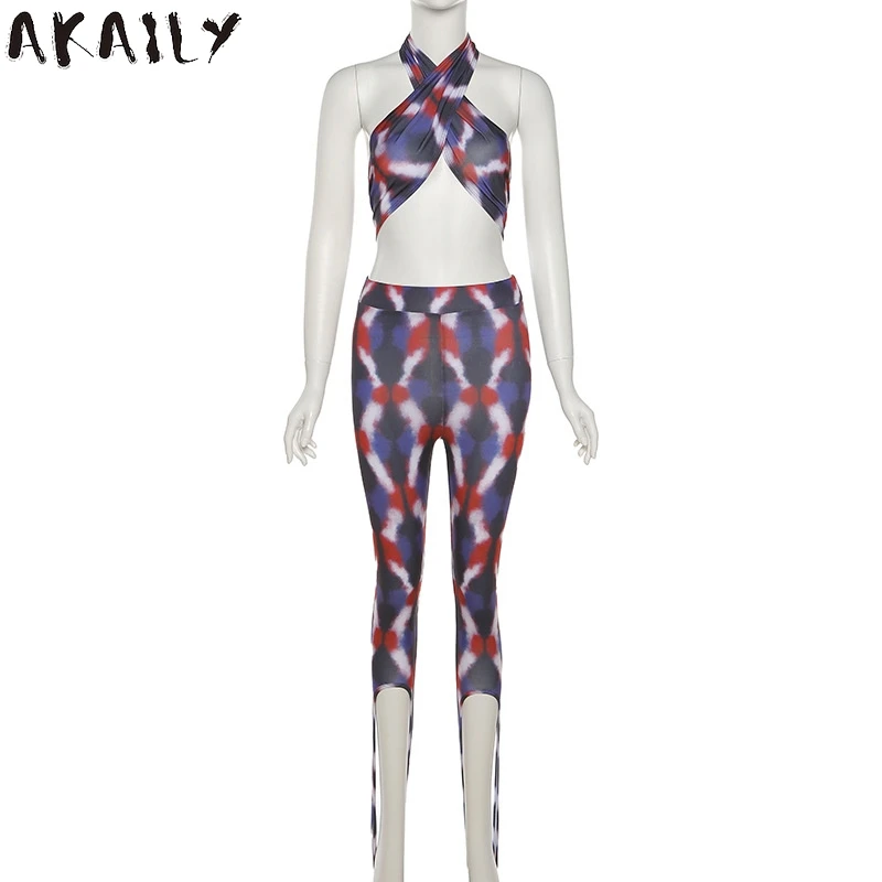 

Akaily Summer Streetwear Halter 2 Two Piece Sets Women Outfits Print Backless Crop Top High Waist Bodycon Female Pants Sets 2021