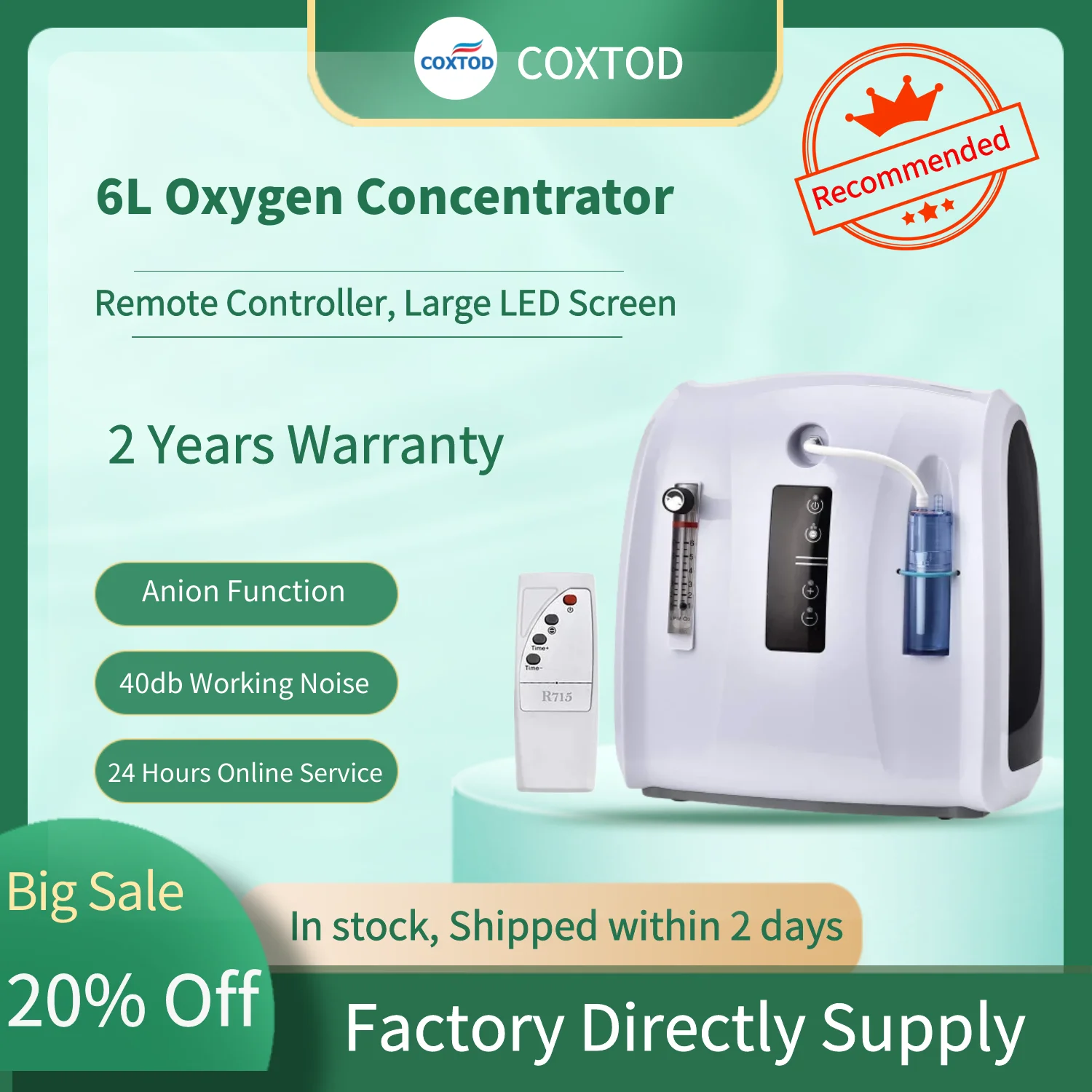 

Homecare Oxygen Concentrator Generator 1-6L/Min Air Purifier 24hours Continuous Indoor Oxygen Bar with Atomizer