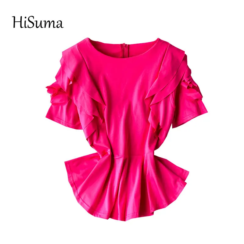 

HISUMA 2020 summer new female chic O-neck butterfly sleeve ruffles chiffon shirts women's elegant blouses fairy shirt