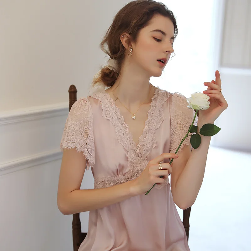 Roseheart Women Homewear Pink Sexy Sleepwear Nightdress V Neck Lace Nightwear Long Luxury Nightgown Female Court Gown Sweet