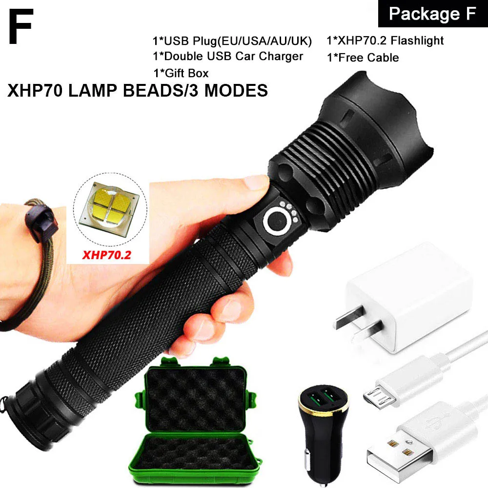 EZK20 дропшиппинг XHP90 светодиодный светильник-вспышка с зумом USB Перезаряжаемый мощный дисплей мощный фонарь 18650 26650 ручной светильник - Испускаемый цвет: Package F-XHP70