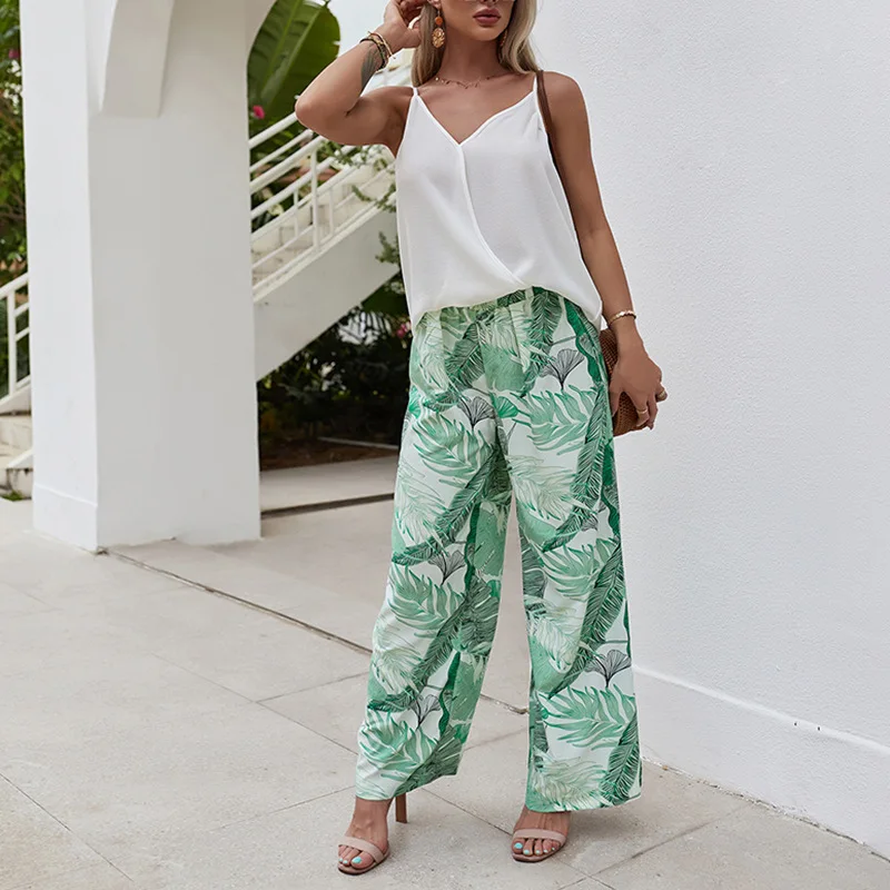 

2021 Summer women suits White tops and printed wide leg pants fashion female sets clothing